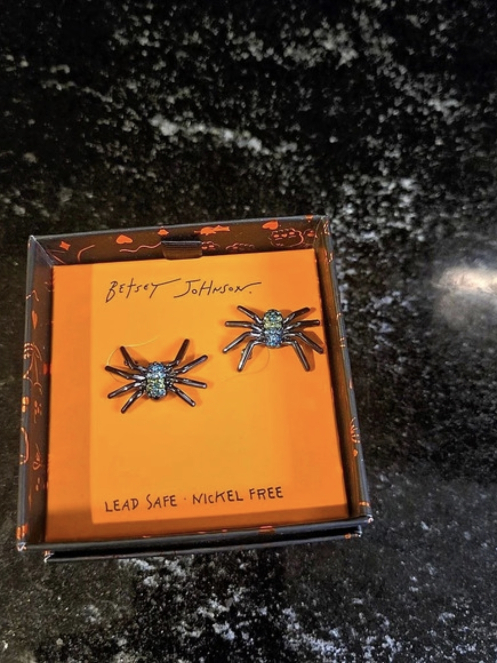 Betsey Johnson Black Crystal Spider Stud Earrings Black & Blue